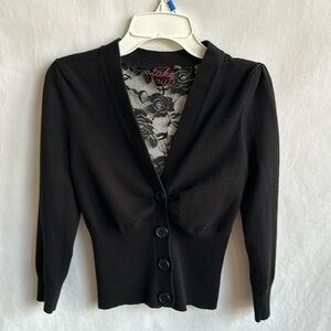 Take Out black V-neck button down cardigan with lace back detail, size S